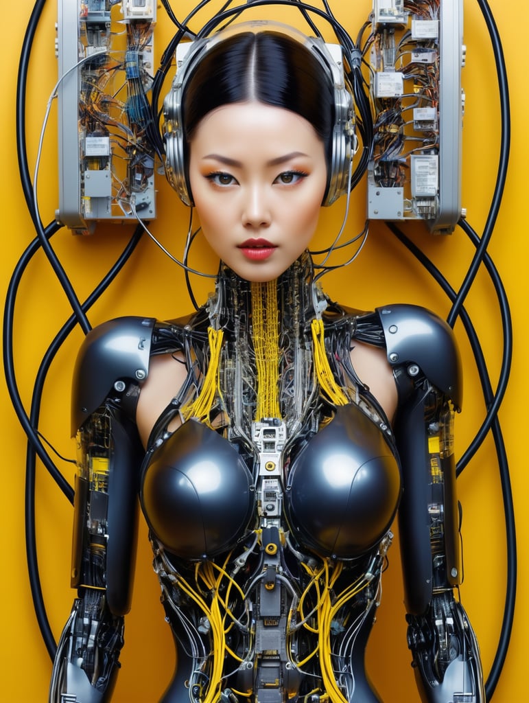 Half body photography, in front of a yellow wall, a futuristic cyborg woman, full of cables and wires and led, an well shaped transparent dark plexiglass latex body plc robots with silver motor head, 80 degree view, art by sergio lopez, natalie shau, james jean and salvador dali