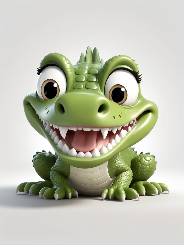мультяшный маленький веселый крокодил с большими добрыми глазами, длинными ресницами, улыбка, во рту тряпка, ползет в центре в 3D стиле, на белом фоне, сделано с использованием красивой анимации Disney, стиль Pixar, стиль Диснея, 3D стиль