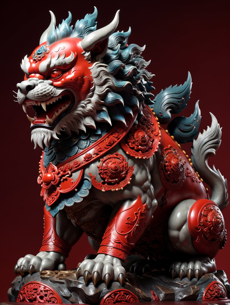 Chinese foo dog rock statue with red solid background