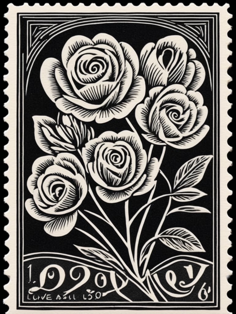 Black and white linocut postage stamp Valentine's Day thick bold dark lines