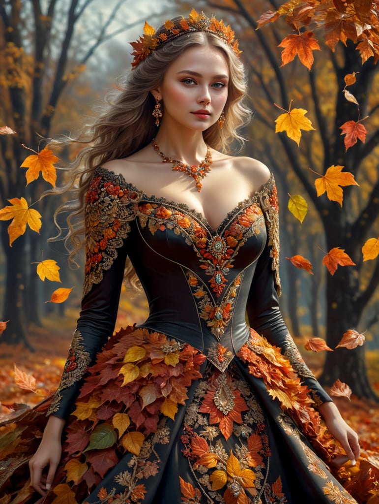beautiful Russian girl in a fluffy dress made of leaves