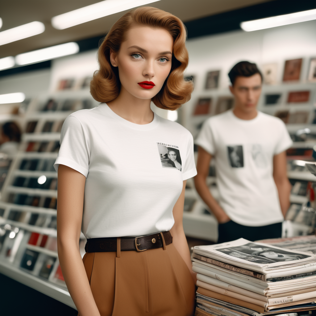 Extremely detailed photographic image, grained image, beautifully composed, monochrome image, 50's fashionable image, fashionable magazine photography, leica summicron 35mm f2.0, kodak 400tx, fashion photography, fashionable model, william s. burroughs, Woman wearing blank white T-Shirt in Clothing Store Mockup, mock up