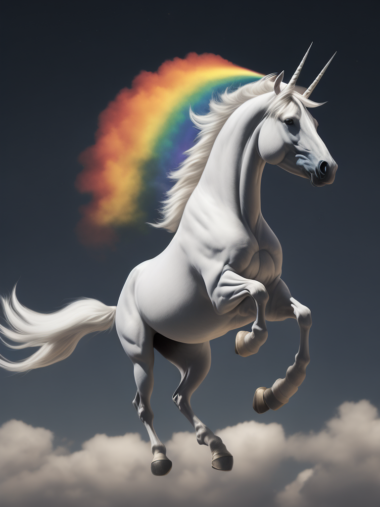 White Unicorn with rainbow horn and wings flying through a cloud