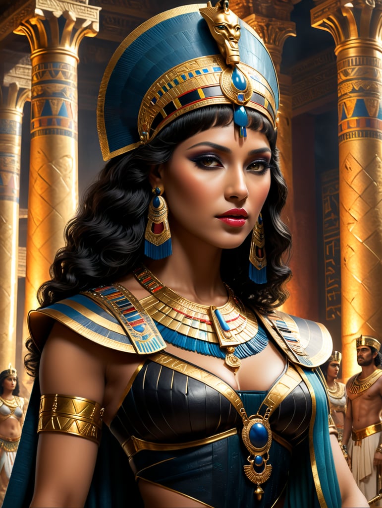 Experience the beauty and power of Cleopatra, the legendary queen of Egypt. Imagine her in a lavish royal outfit, with hints of Greek influence and symbols of her multilingual prowess. Let the image come to life with detailed renderings of her surroundings, from the grand palace to the exotic languages written on scrolls."