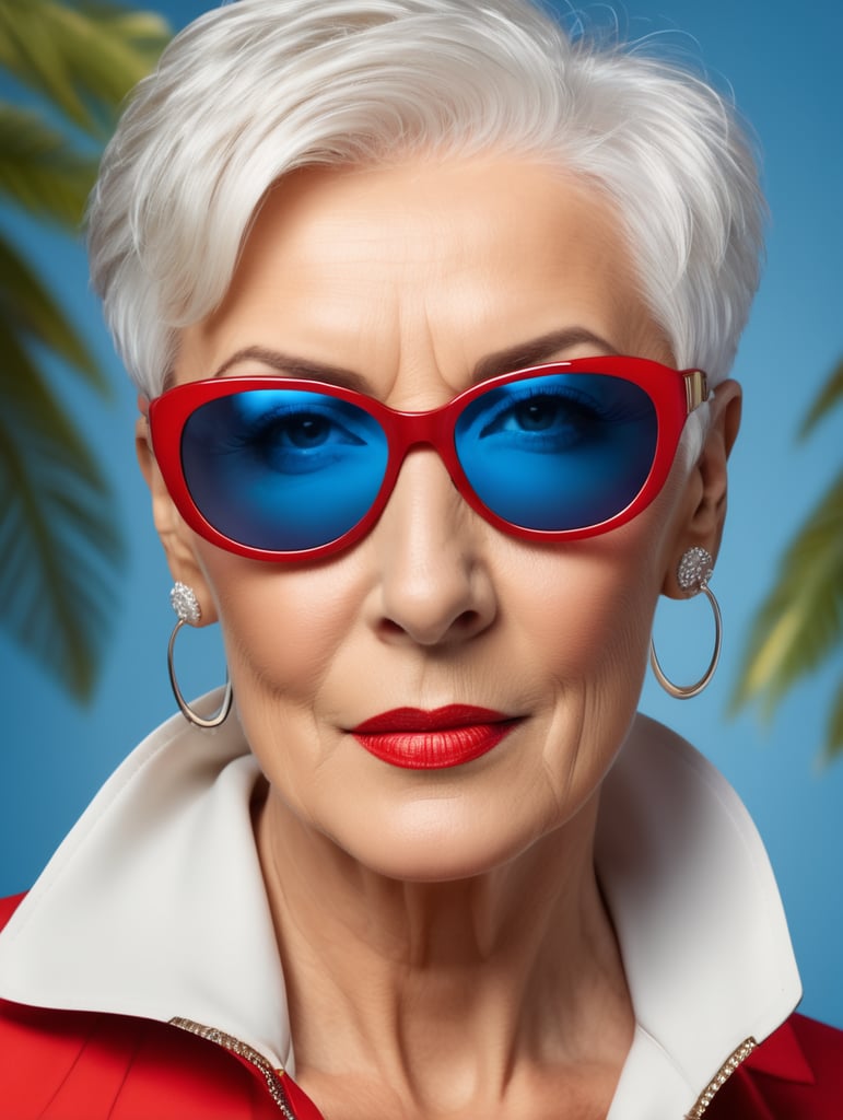 A portrait of a beautiful English older woman with white platinum short hair and big sunglasses, dressed all red, blue background, big cleavage, glamorous London portrait, highly realistic, women designer, very fashionable, colourful