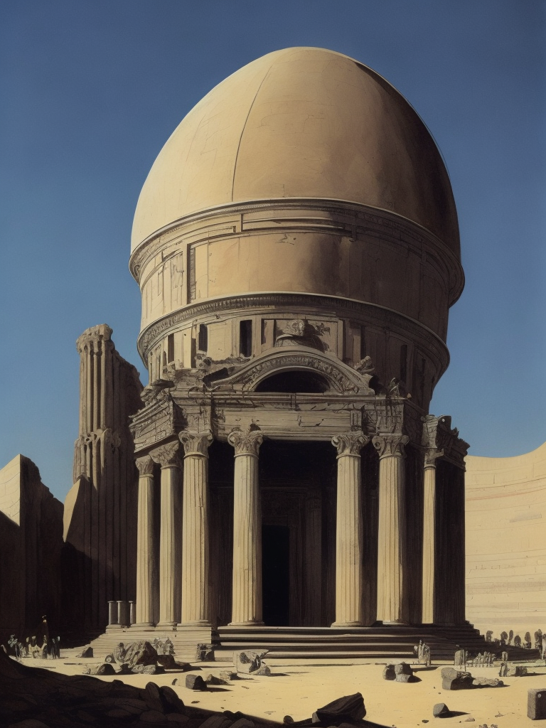 the parthanon designed by Giorgio de Chirico old and crumbling, ancient ruin Remnants of a futuristic highly developed society, machine-like lines, poster art style, magic atmosphere, desertcore, grimdark, drawn and colored by Michael Whelan, ink marks, fine lines, bold painterly brush strokes