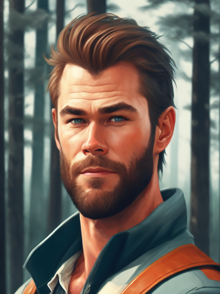 Portrait of Chris Hemsworth as a Canadian lumberjack, with a large beard and a plaid shirt, against the backdrop of a dense forest, bright saturated colors, Contrasting cinematic light