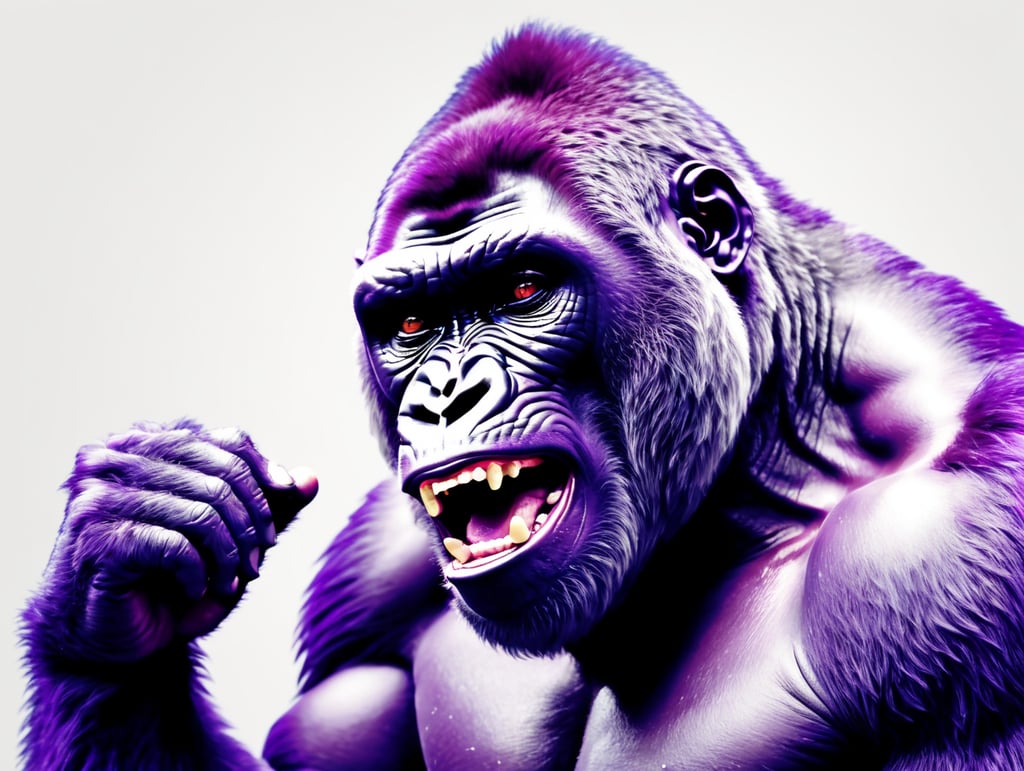 A wide shot of a purple gorilla with lots of other colours shouting on white background