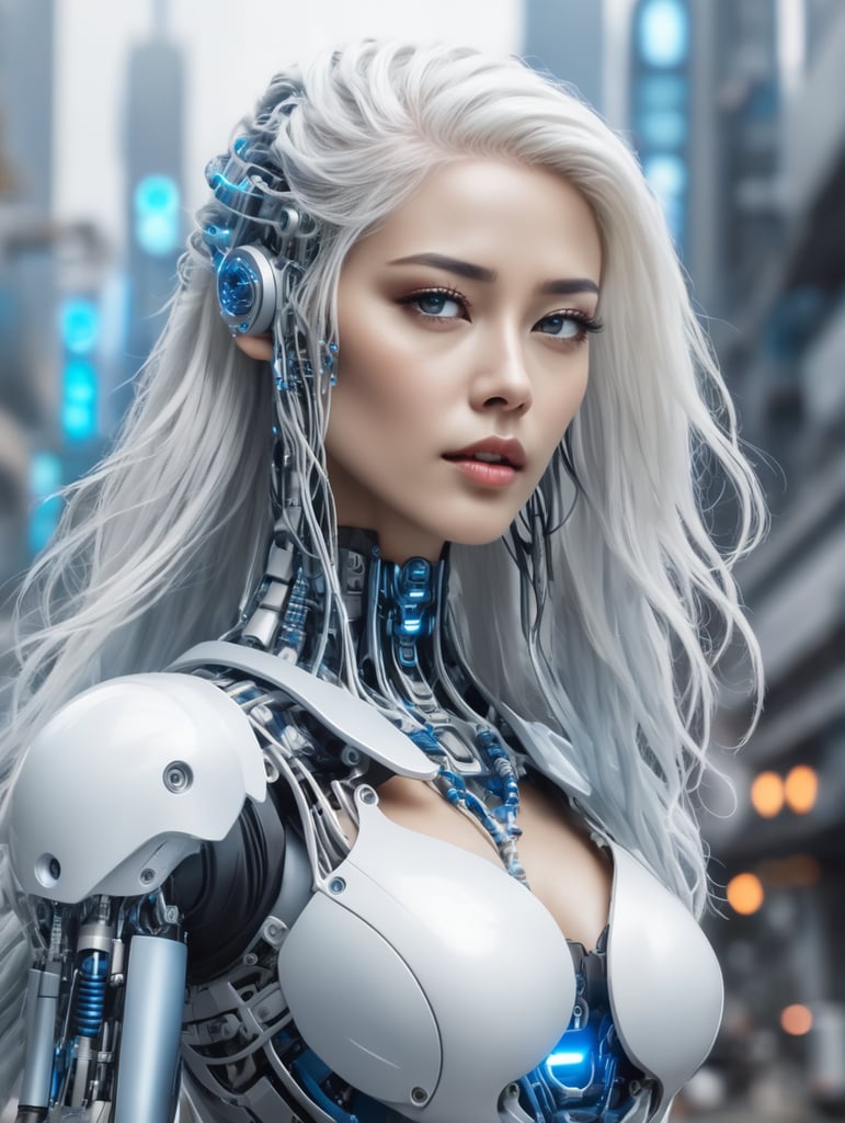 sci-fi cyberpunk woman posing from the side, full body, white long hair, serious face, action pose, robot cables going in head, robot parts in silver, white and blue, sci-fi city background