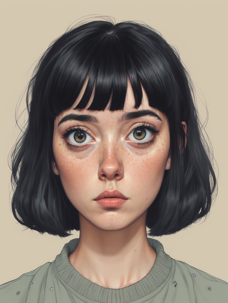 Self portrait, drawing, cartoony, weird, freckles, black hair, bangs, tired, insomnia, unsettling