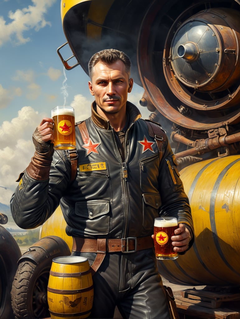 A Soviet male pilot dressed in a flying bomber leather jacket holds a mug of kvass in his hands, in the background a Soviet yellow barrel on wheels with kvass can be seen