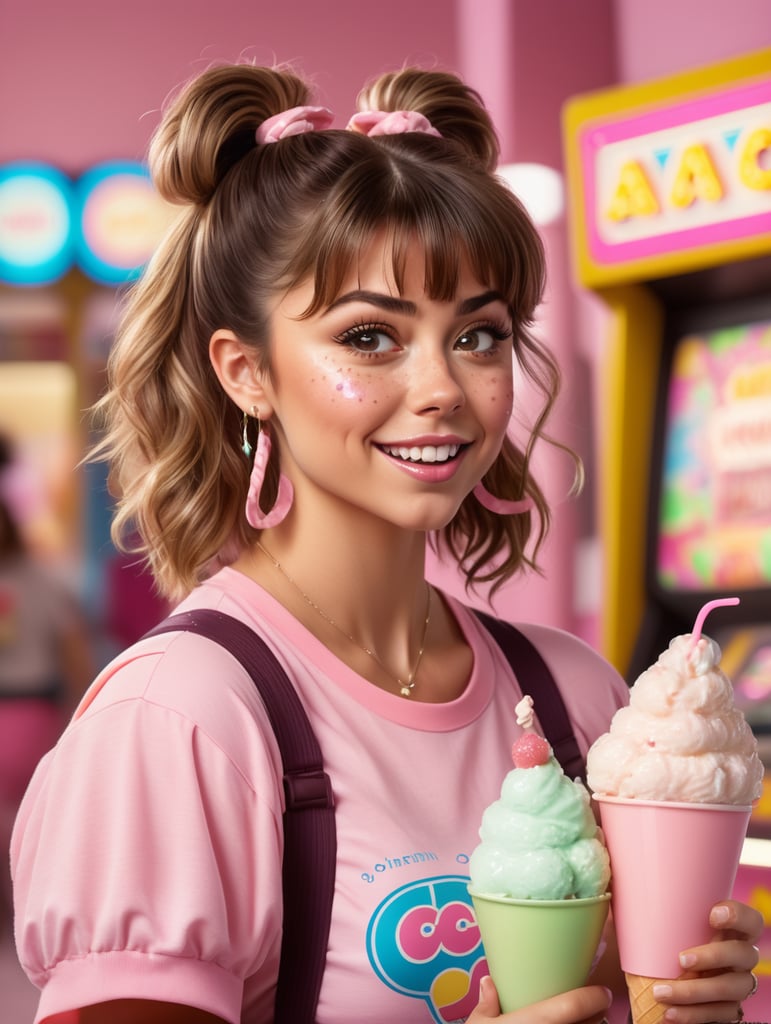 Sarah Hyland is a big chested 80s girl with fluffy hair with bangs and pigtails with scrunchies in them. She has a short pink top. She enjoys a ice cream. Some ice cream drops on her mouth and some ice cream drops on her shirt. Freckles on her face. Background is a 80s arcade.