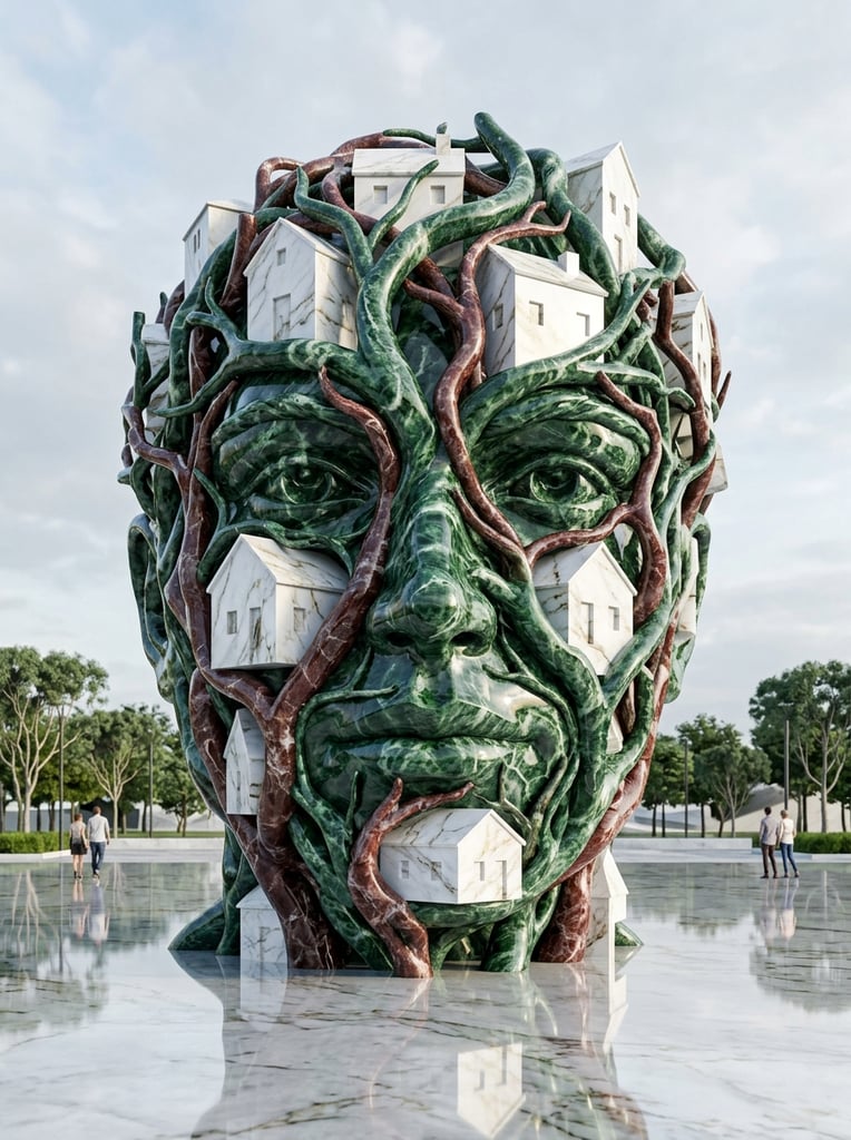 A monumental human face constructed from intertwined tree branches and interspersed small houses, rendered in a hyper-realistic, ultra-polished architectural visualization style. The thick, winding branches and solid, geometric houses are materialized entirely from flawless, highly glossy veined marble in distinct, saturated blocks of deep emerald green, brilliant white, and rich reddish-brown. Intricate mineral veining wraps seamlessly around the cylindrical branch structures and across the sharp, crisp edges of the minimalist, monolithic houses. The complex facial arrangement is set upon an immaculate, mirror-like polished ground plane that perfectly reflects the dense network of heavy marble textures above. Soft, diffused daylight bathes the composition, generating crisp specular highlights and brilliant reflections across the glass-like surfaces, emphasizing the stark visual contrast and the pristine, high-end 3D rendered aesthetic.