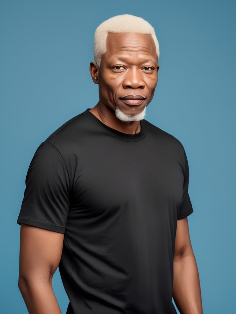 A middle-aged African albino man wearing a black T-shirt, isolated, blue background, mockup, mock up