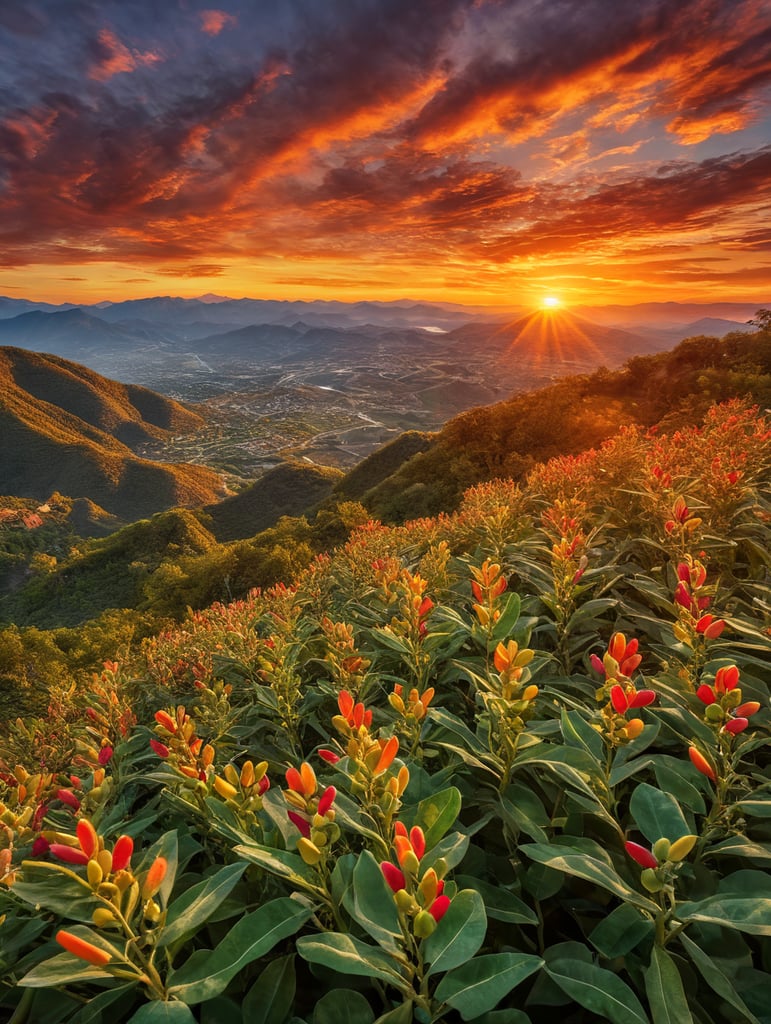 Pigeon Peas, unsharp background with sunset vibrant colors nature art scenic horizon mountain range skyline views artistic beauty colorful scenery nature photography sunset inspiration. (((pigon pea or tuvar beans vegetable on plant)))