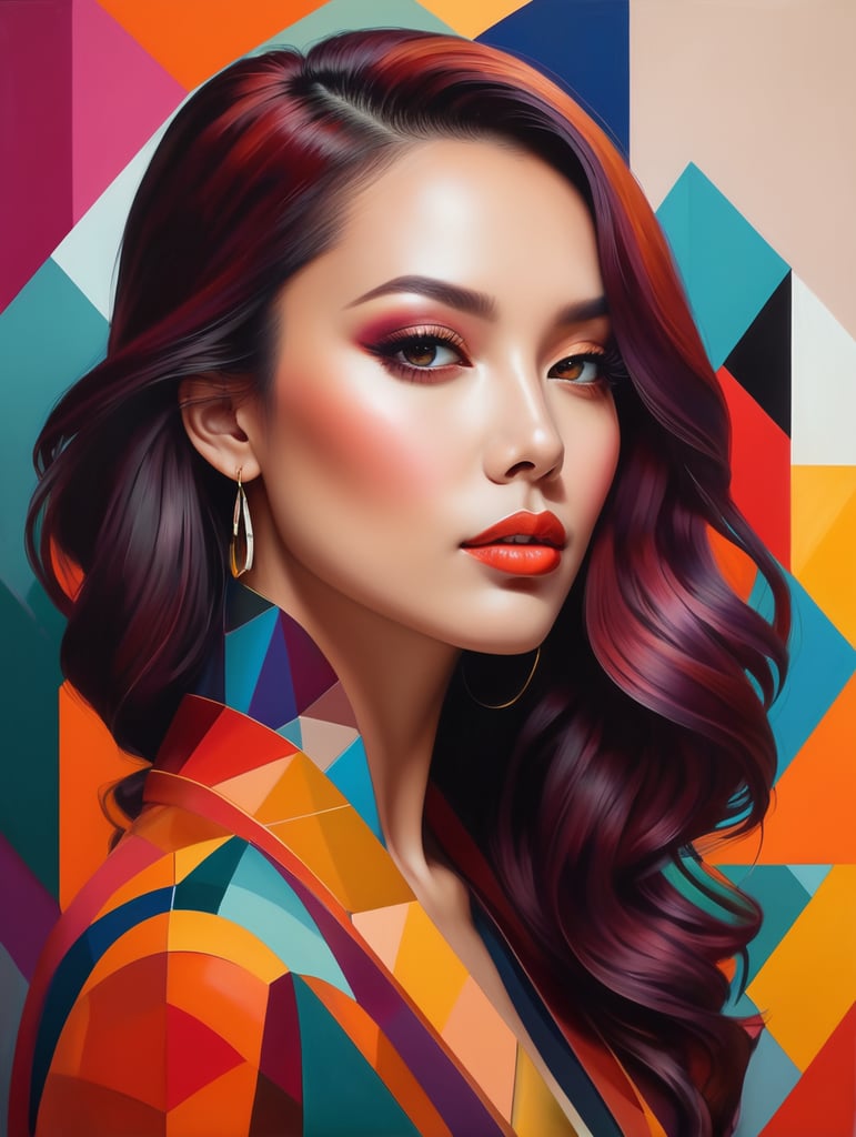 Paint a portrait of a woman that showcases her beauty and artistry through a unique combination of vibrant colors and geometric shapes, capturing her essence and individuality in an imaginative and captivating composition.