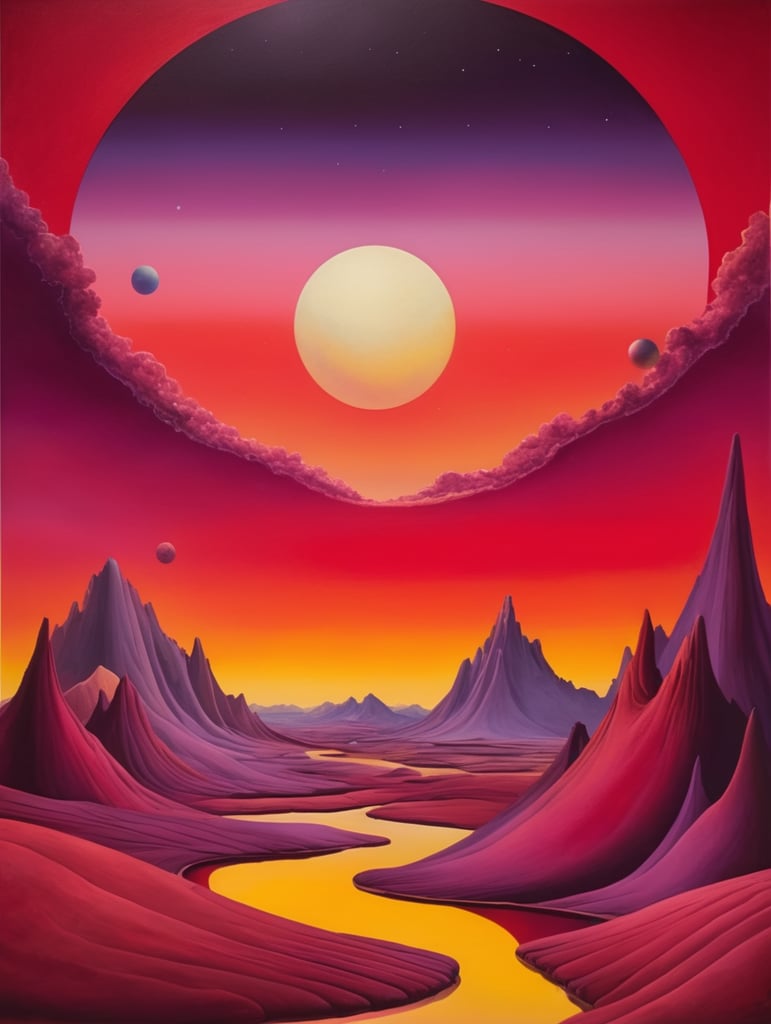 Georgia O'keefe alien landscape with apocalyptic sunset red yellow purple magenta. several small planets are faintly visible in the sky.