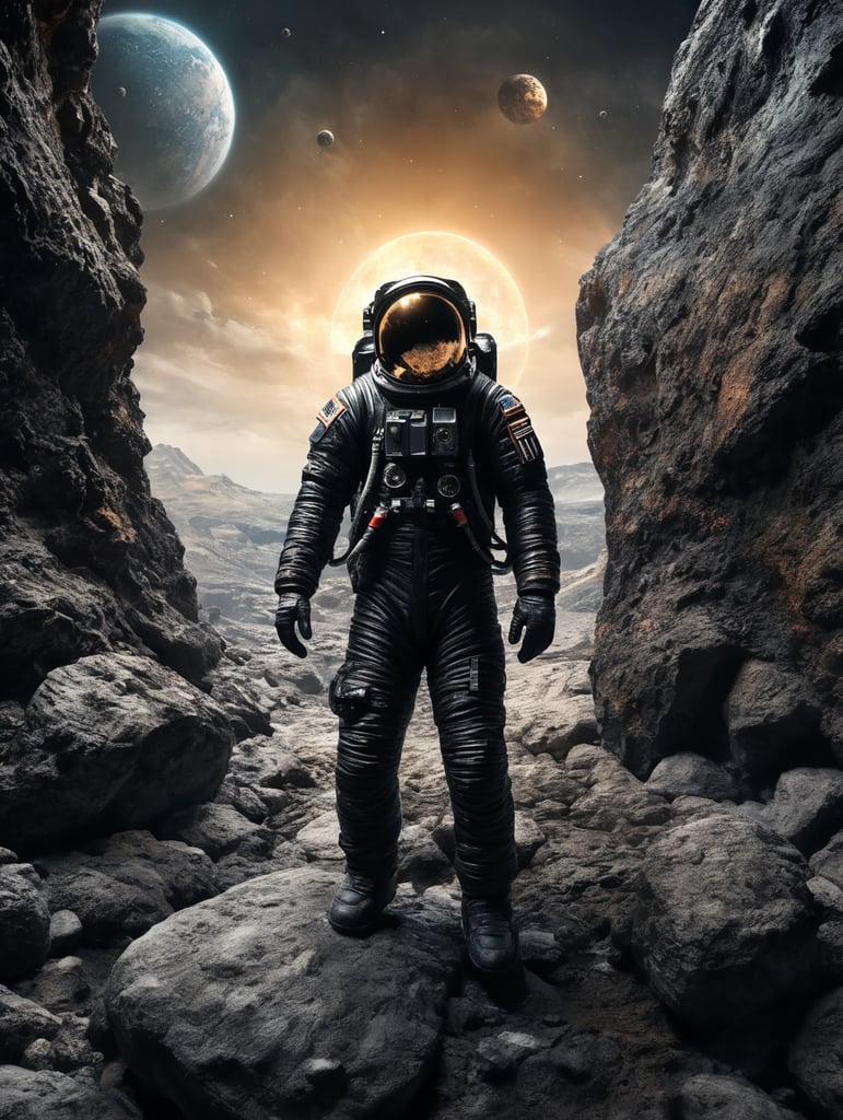 Space traveler in a black rock in middle of the universe. Astronaut suit