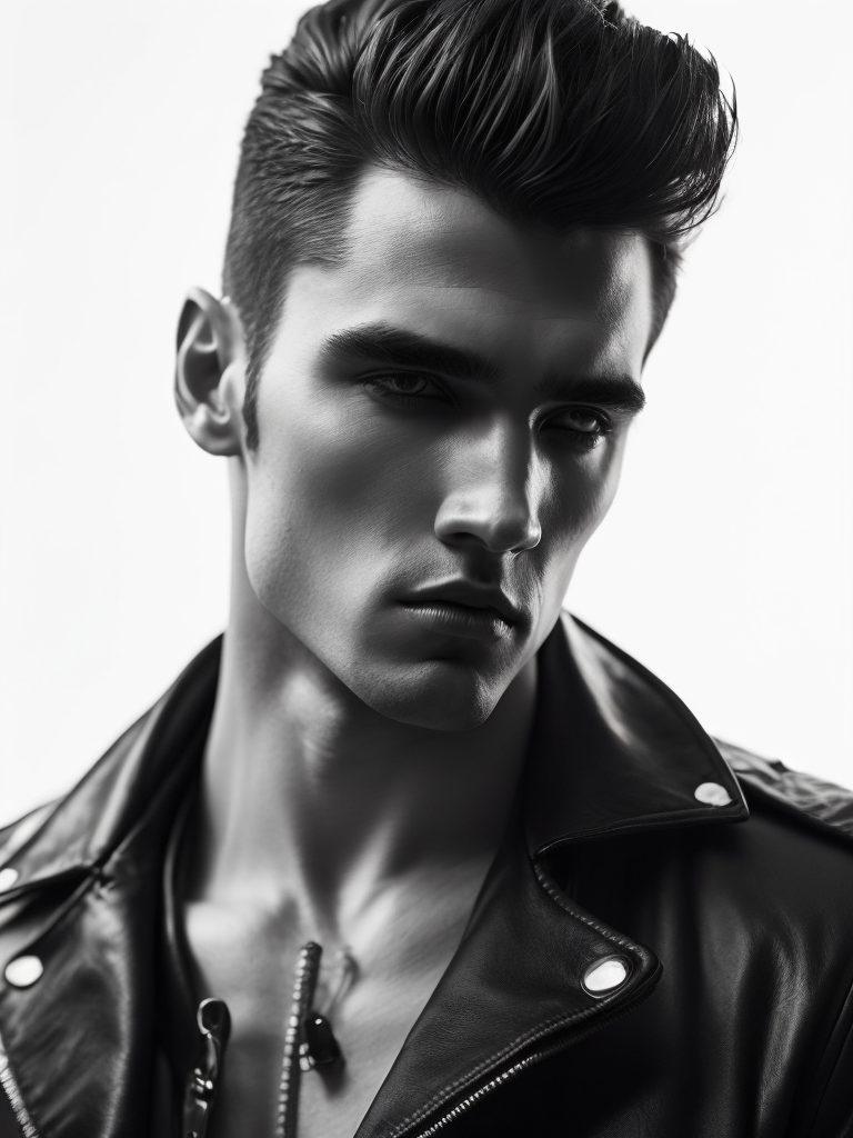 Portrait of a man with a haircut like Elvis Presley, leather jacket, black and white