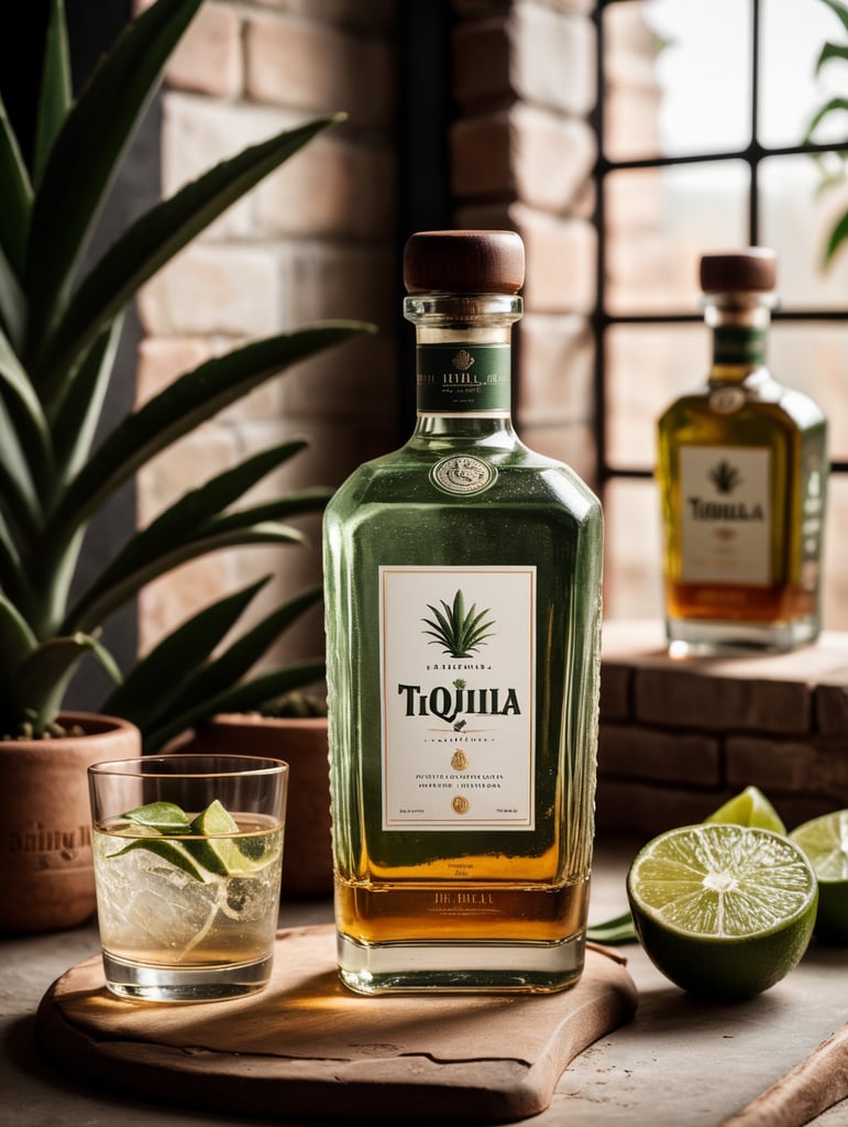 Packaging and branding for a tequila brand as if it had been designed by HI ESTUDIO with In a set design with bricks, aloe and dry leaves.