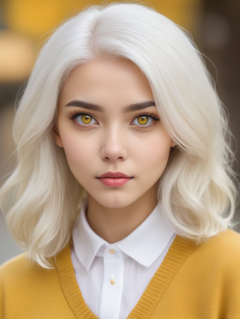 Girl, catlike white hair, catmouth, sharp eyes, white shirt with yellow sweater