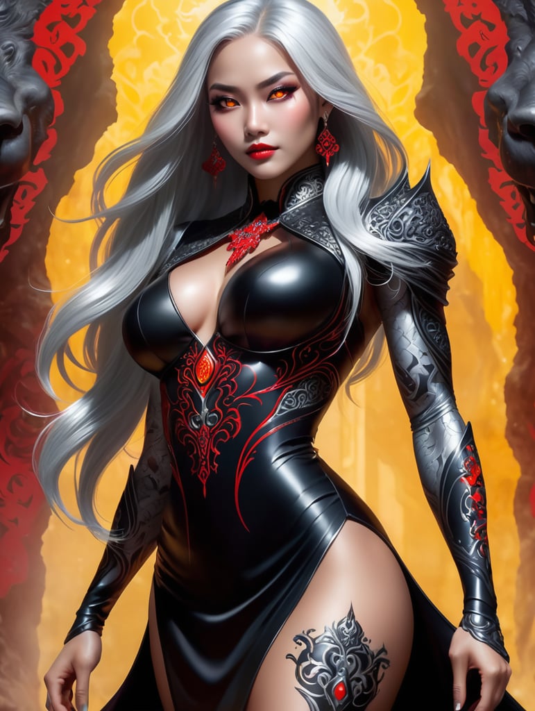 A female drow character with an extremely dark, obsidian black complexion and a muscular fitness physique, in a square format. Her skin is polished obsidian-like, emphasizing her muscular build. Her long, silver hair creates a vivid contrast. Her eyes are vibrant, glowing red. She's adorned in a sleek, black high-slit cheongsam dress with yellow pattern throughout, showcasing her strength and body curves in a detailed, full-body view. The background is a mystical realm with glowing symbols and an underground cavern hint. Her confident, dominant pose highlights her formidable character.