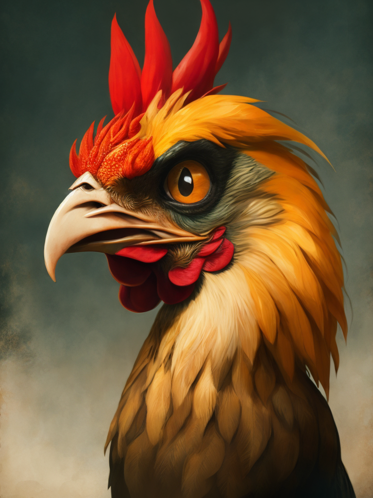 grumpy old rooster head with large eyes, contained in a circle