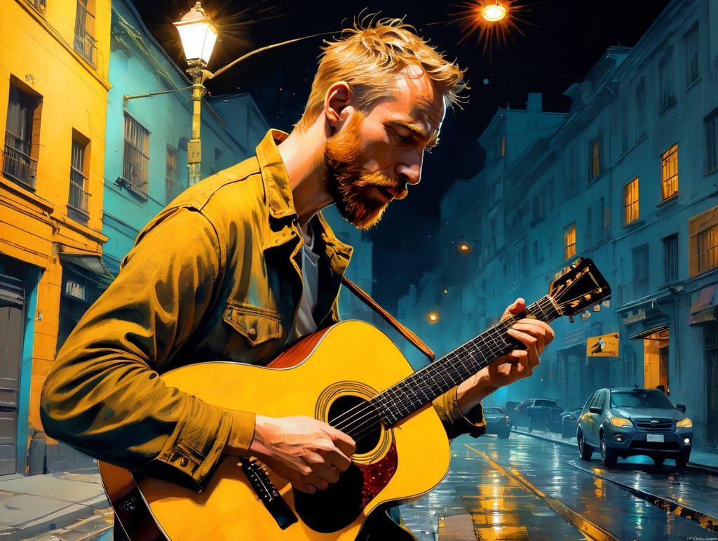 a Van Gogh painting where guy plays the guitar on a dark empty street, yellow darkness