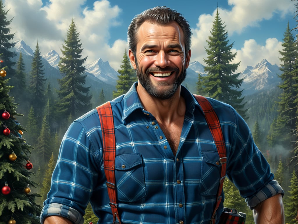 Stereotypical lumberjack, with gleaming smile, wearing blue plaid shirt with his bare chest exposed (with chest hair). He should have a string of Christmas tree lights draped around his neck.The plaid shirt should have name badge affixed to it which prominently reads"Budworth". The background should be a forest with evergreen spruce trees. The character should look like the uploaded reference image, and look to be approximately 50 years old. The character should ooze bravado, as if her looking at a damsel in distress.