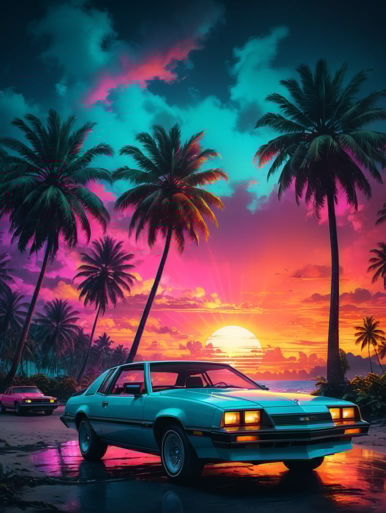 sunsets and palm trees miami vice version, 80's, palm trees on fire, retro party poster, neon vibrant colors,