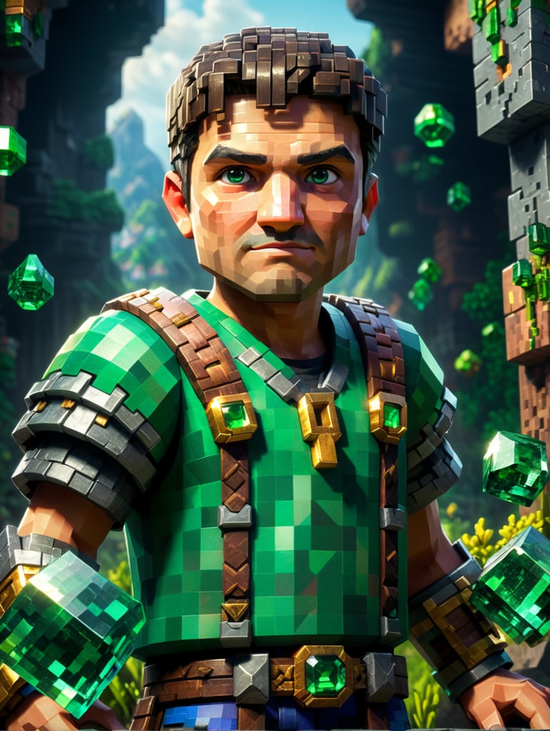 Minecraft character villager which trading with emeralds, pixel style, blocks, vibrant colors, clear details