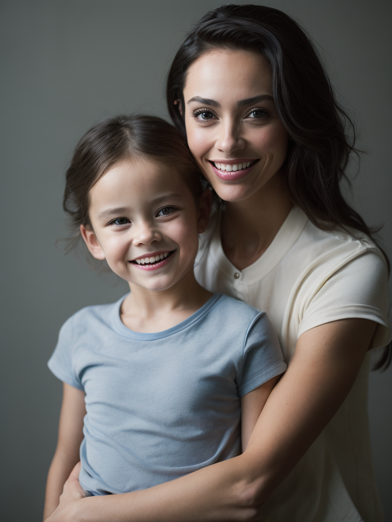 Woman wearing White T-Shirt, Smiling While Her Daughter Hugs Her
