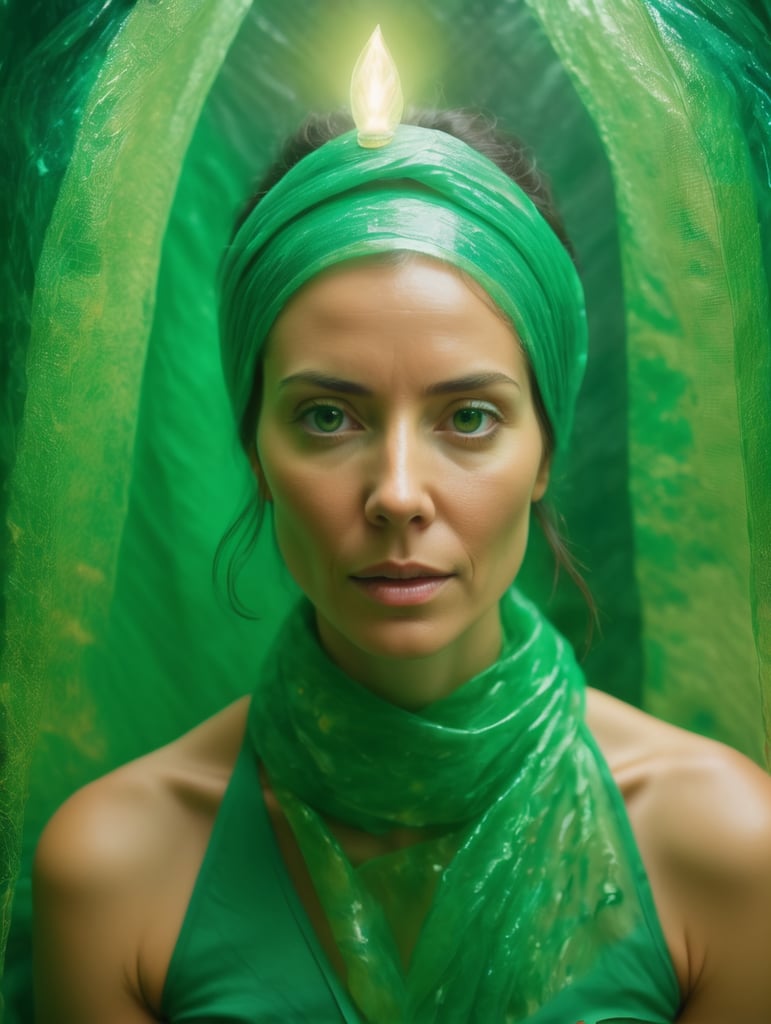 Portrait of a woman experiencing spiritual experience, wrapped green film, Wes Anderson style