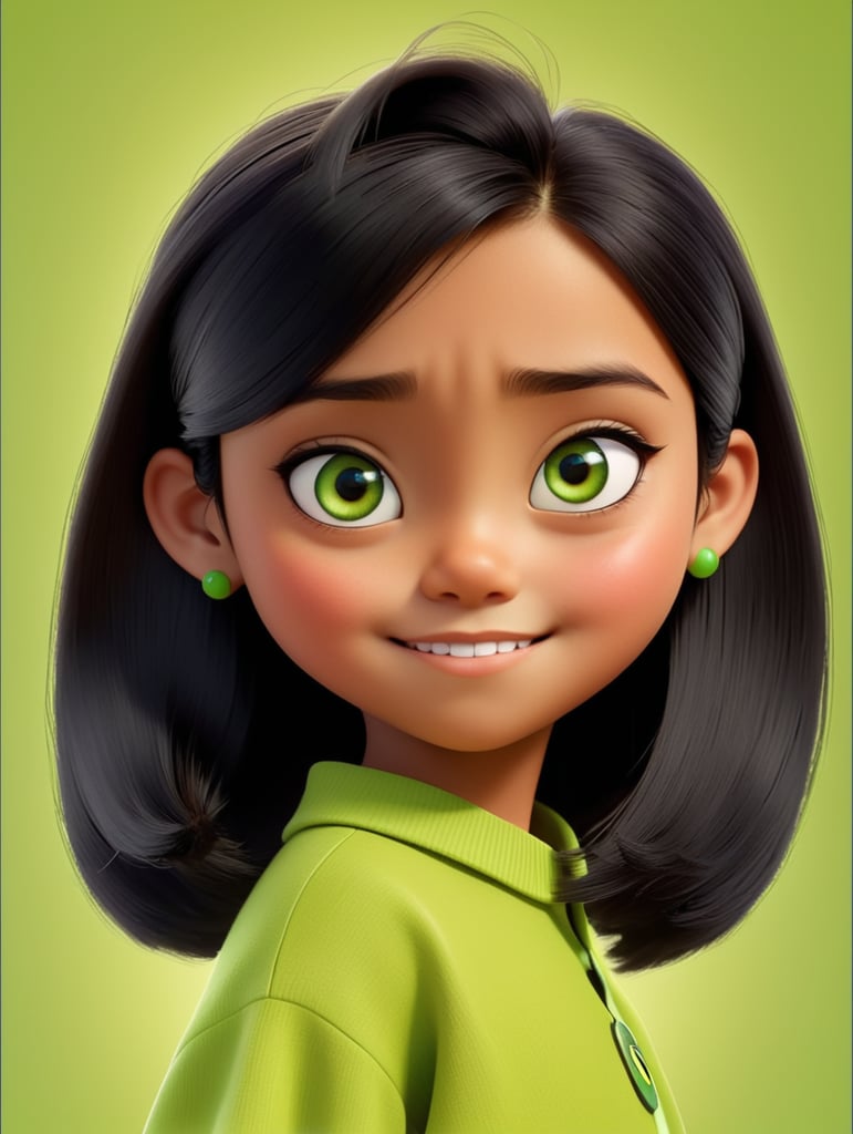 A Disney Pixar-inspired movie poster with title "nik.rdn" , black hair,one eye is green and the other is brown , girl, short hair, 13 years old , bright skin , black clothes