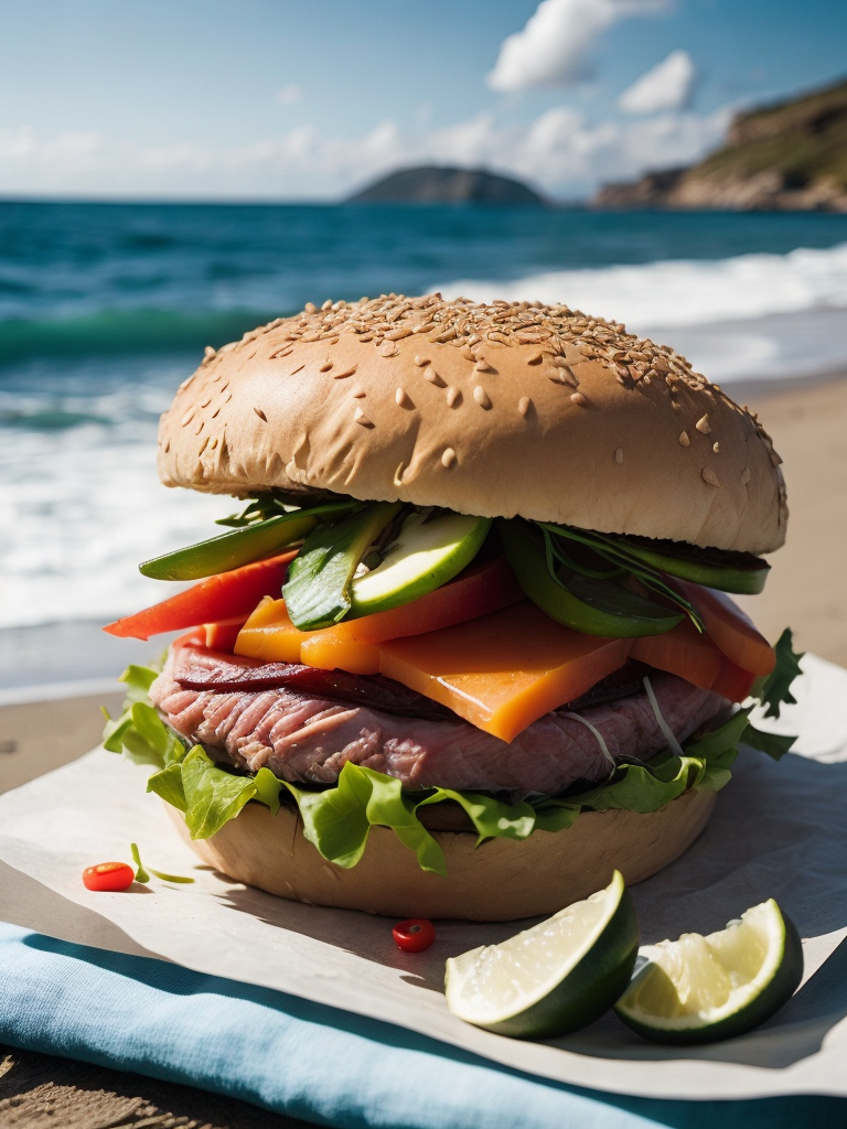 A mouthwatering tuna fish sandwich at a sunny beach picnic, the sandwich features perfectly seared tuna steak, topped with tangy pickles, arugula, and avocado slices, the scene is set on a checkered beach towel with sea waves gently crashing in the background, creating a serene coastal atmosphere, Artwork, watercolor painting, --ar 9:16 --v 5