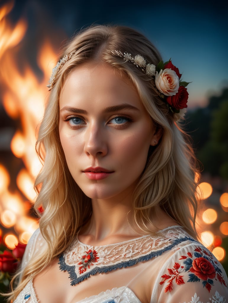 Portrait of a blonde with gray-blue eyes standing at night against a background of fire in a white transparent dress with red and white patterns of Balkan folklore and roses on her head in her hair, cinematic, photorealistic