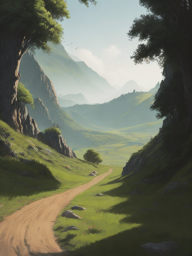 a beautiful fantasy landscape with a dirt road going through a green countryside, digital painting by Noah Bradley