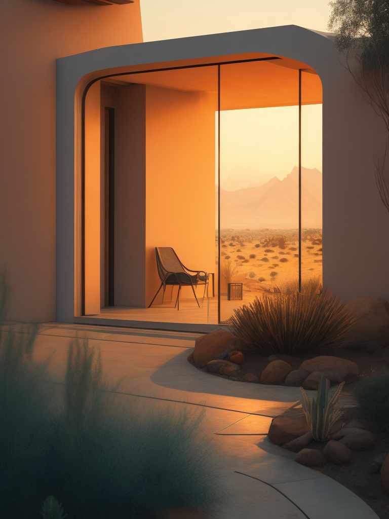 An architectural rendering of a minimal, geometric, curved, sculptural, stucco textured, tan desert abode, sand and clay facade with small carved window openings, wood accents, arched glass door opening, cactus, tumble weed, artificial lighting, desert landscaping, outdoor camp fire, located in Arizona during twilight, hazy horizon