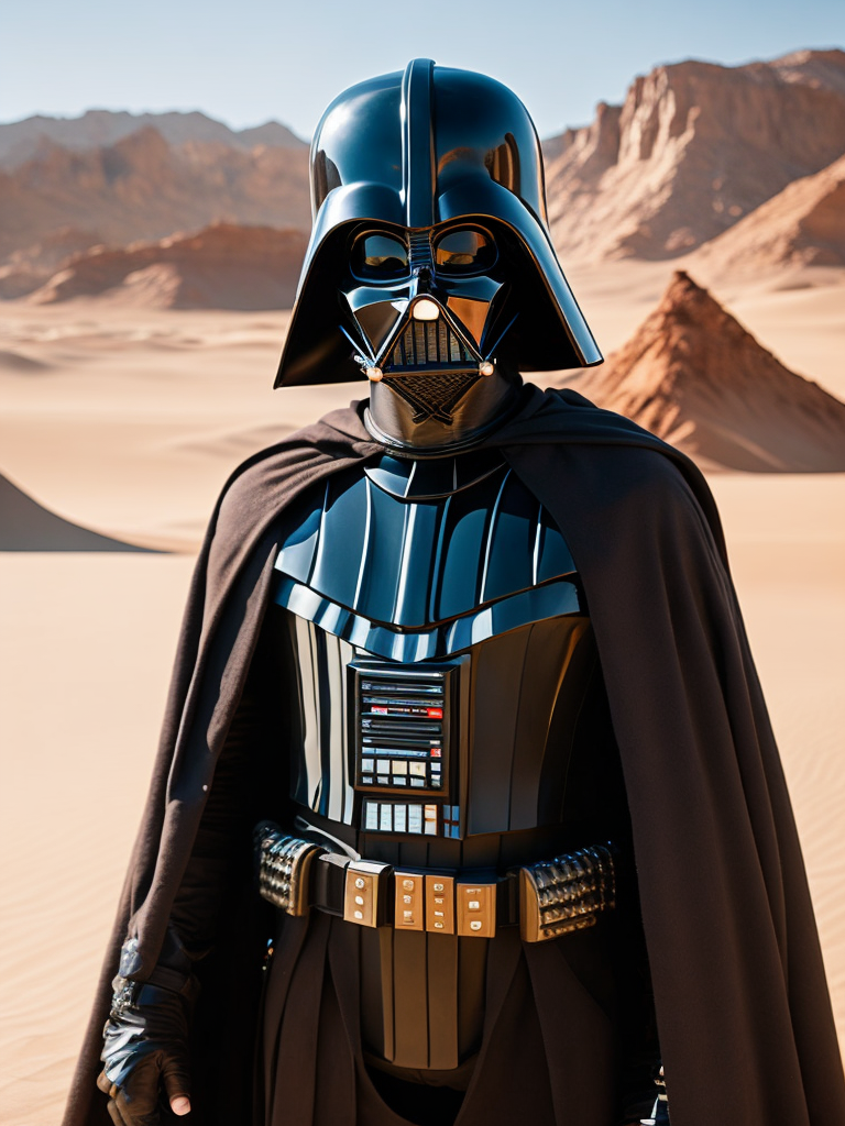 Portrait of Darth Vader in Mad Max style, Desert with dunes in the background, rusty metal, metal spikes