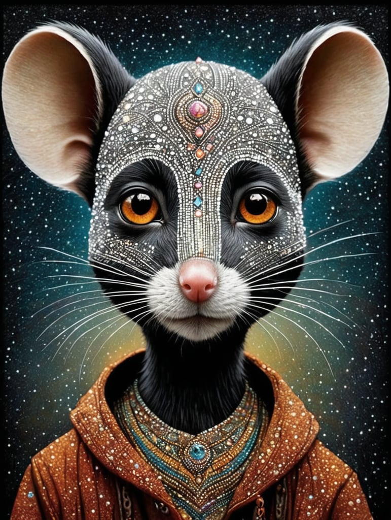 Portrait mouse shy sparkly aboriginal art linocut print Andy Kehoe, Alexander Jansson