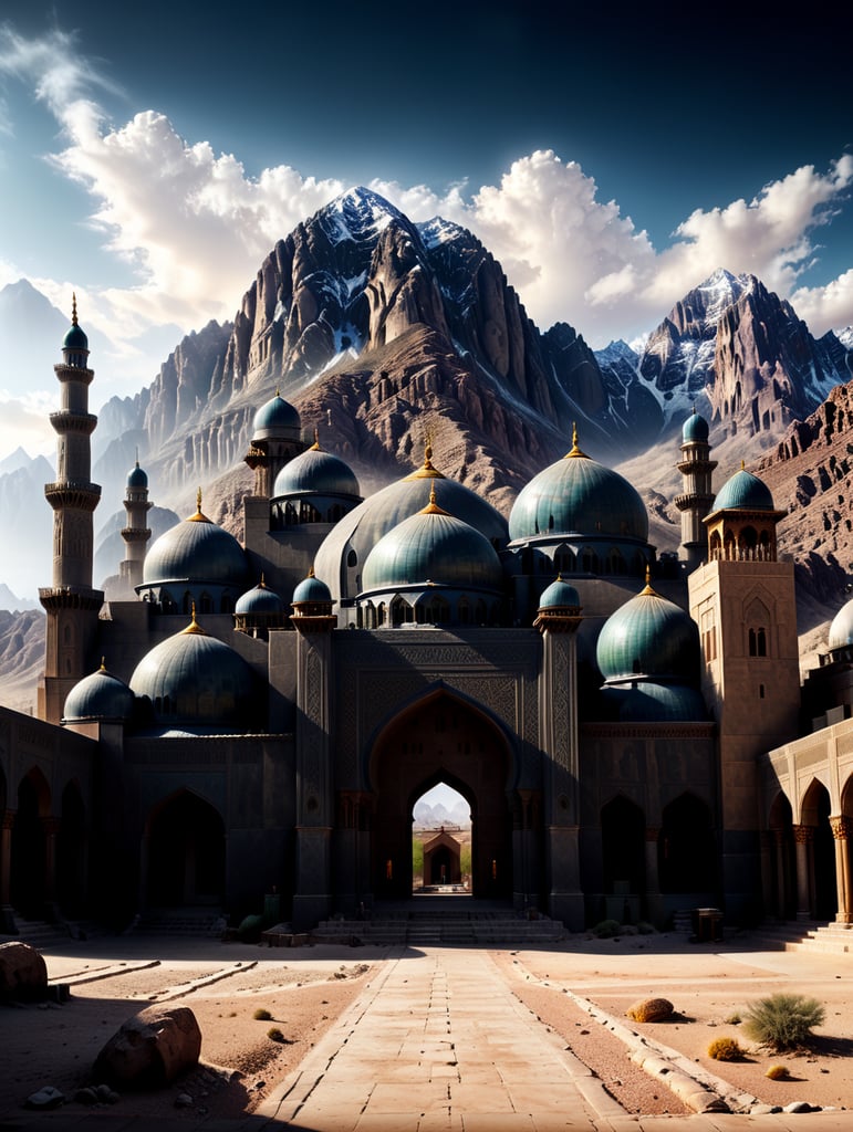 photo masjid dengan latar belakang padang pasir dan pegunungan di siang hari