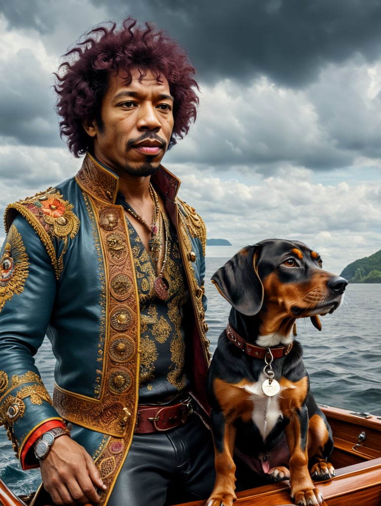 Jimi Hendrix and a sausage dog on a boat