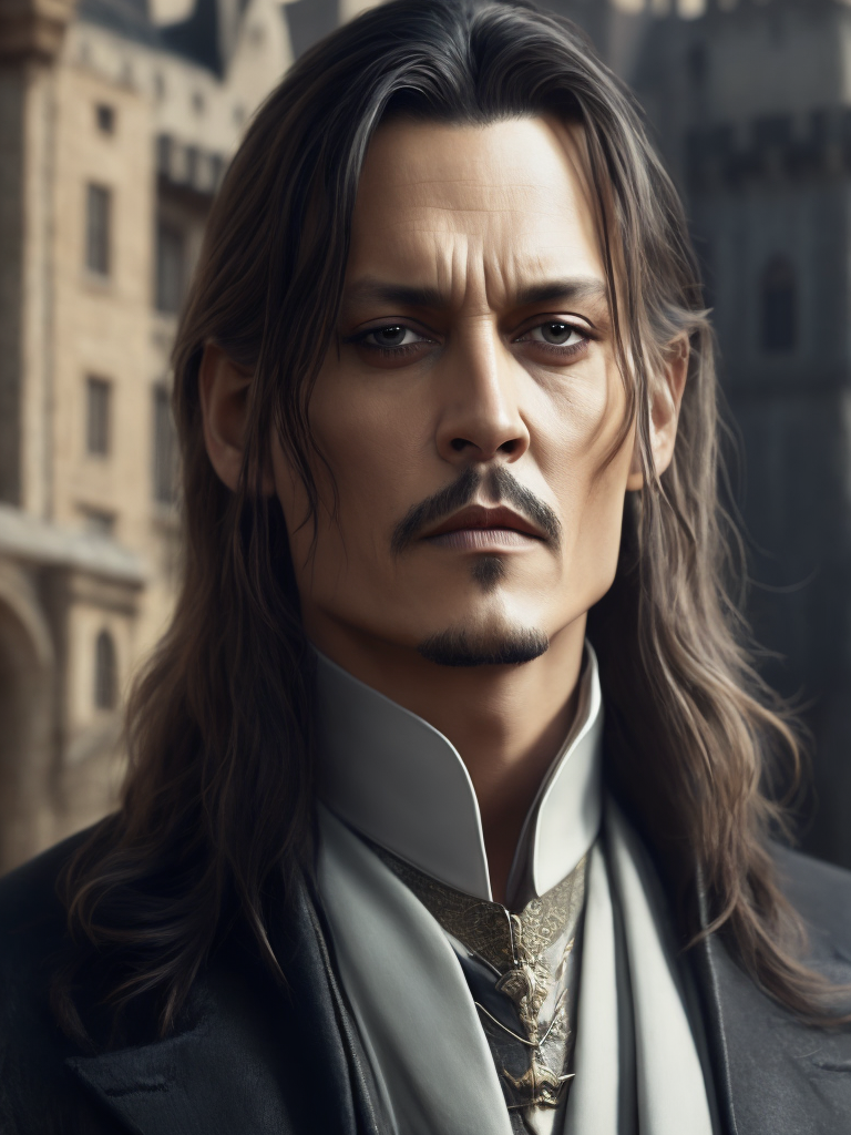 Portrait of Johnny Depp as Count Dracula, majestic look, long hair, mantle, against the backdrop of a medieval castle, detailed background, contrasting light, detailed face, muted tones