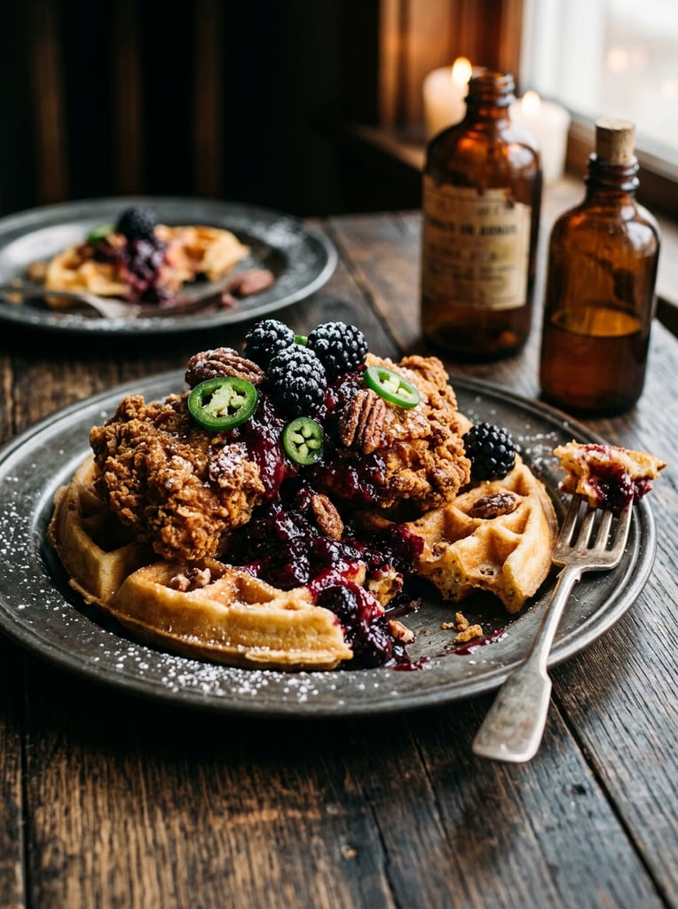 close-up food photography, fried chicken and waffles on a rustic metal plate, topped with plump blackberries, dark berry compote, candied pecans, dusted powdered sugar, weathered dark wood table, vintage silver fork, sliced jalapeños, softly blurred background with a matching plate, amber glass bottles, moody dramatic lighting, shallow depth of field, rich culinary textures