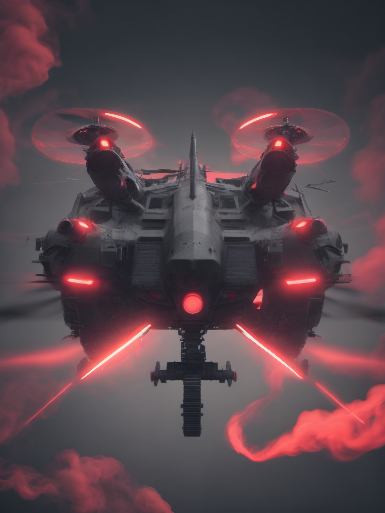 Black cyber military drone, background red smoke