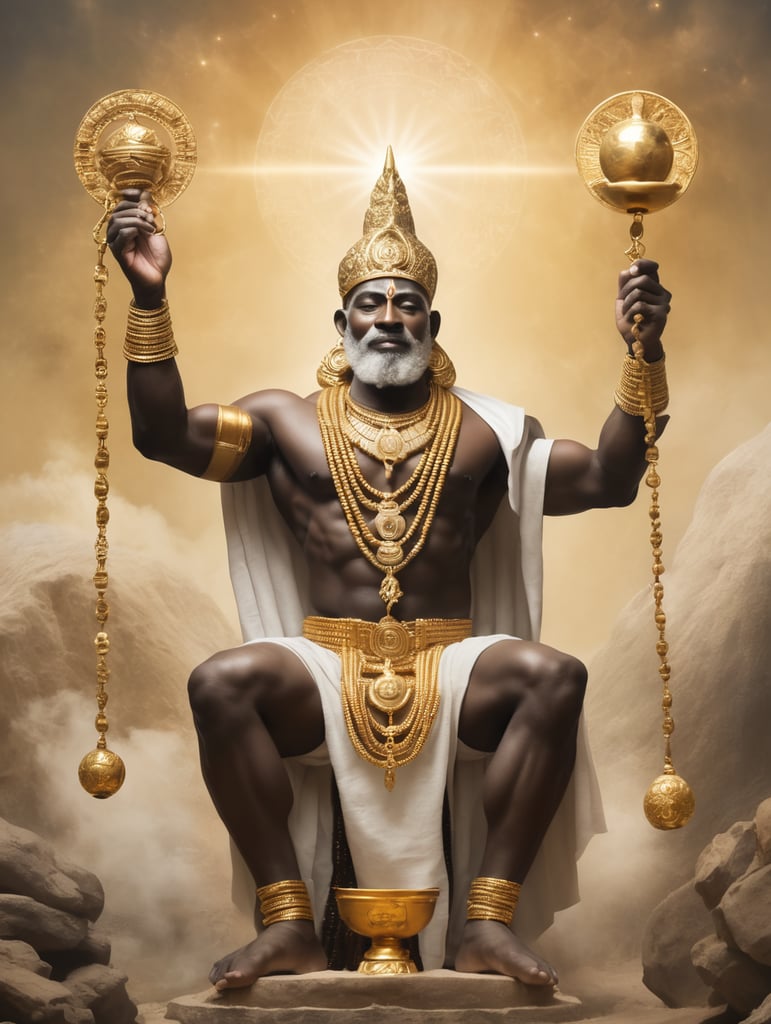 Create a visual representation of Orunmila receiving the sacred Opele chain from Olodumare, the supreme deity, during the creation of the world.