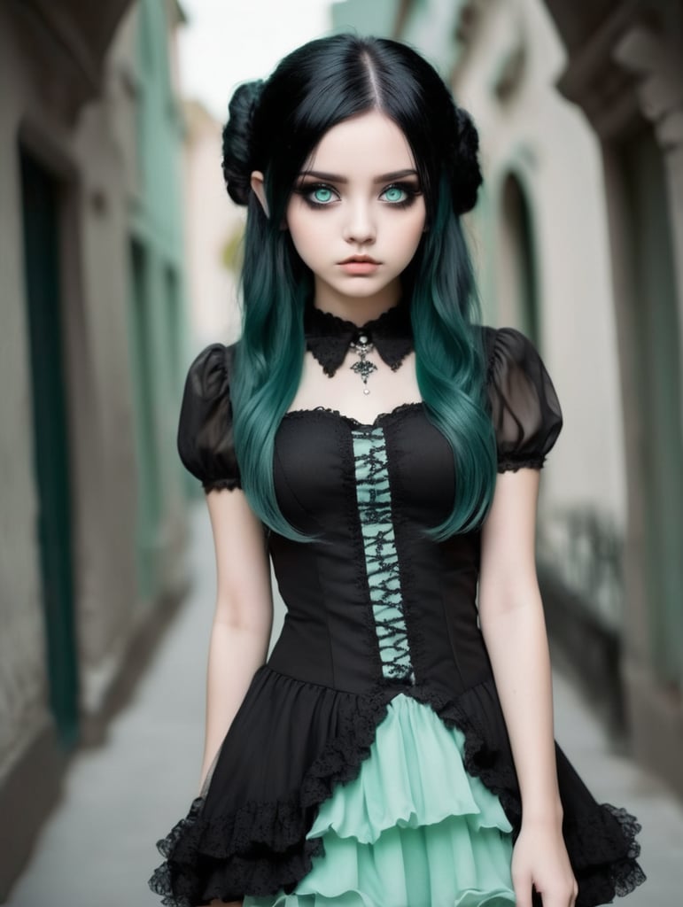 Cute goth girl with black dress black hair and seafoam eye colour