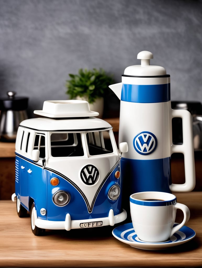 a vintage coffee maker shaped like a blue and white volkswagen kombi, grain grinder on top, coffe mug, kitchen, realistic