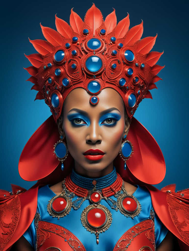 Donyale luna, avant-garde, simplygo, photoshoot spread, dressed in all red, blue background, harpers bizarre, cover, headshot, hyper realistic