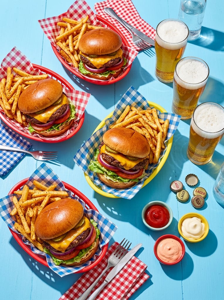 An overhead arrangement of three thick cheeseburgers and crispy french fries served in plastic diner baskets lined with striking red-and-white and blue-and-white checkered paper. The meal rests on a solid bright light-blue surface alongside three tall glasses of golden beer with frothy white heads. Small ceramic ramekins hold vivid dollops of ketchup, mayonnaise, and pink dipping sauce near scattered metal bottle caps. Hard, direct lighting casts sharp, deep diagonal shadows across the composition, creating a vibrant, high-saturation commercial food photography style that emphasizes the rich textures of toasted buns, fresh lettuce, and melted cheese against the punchy pastel background.